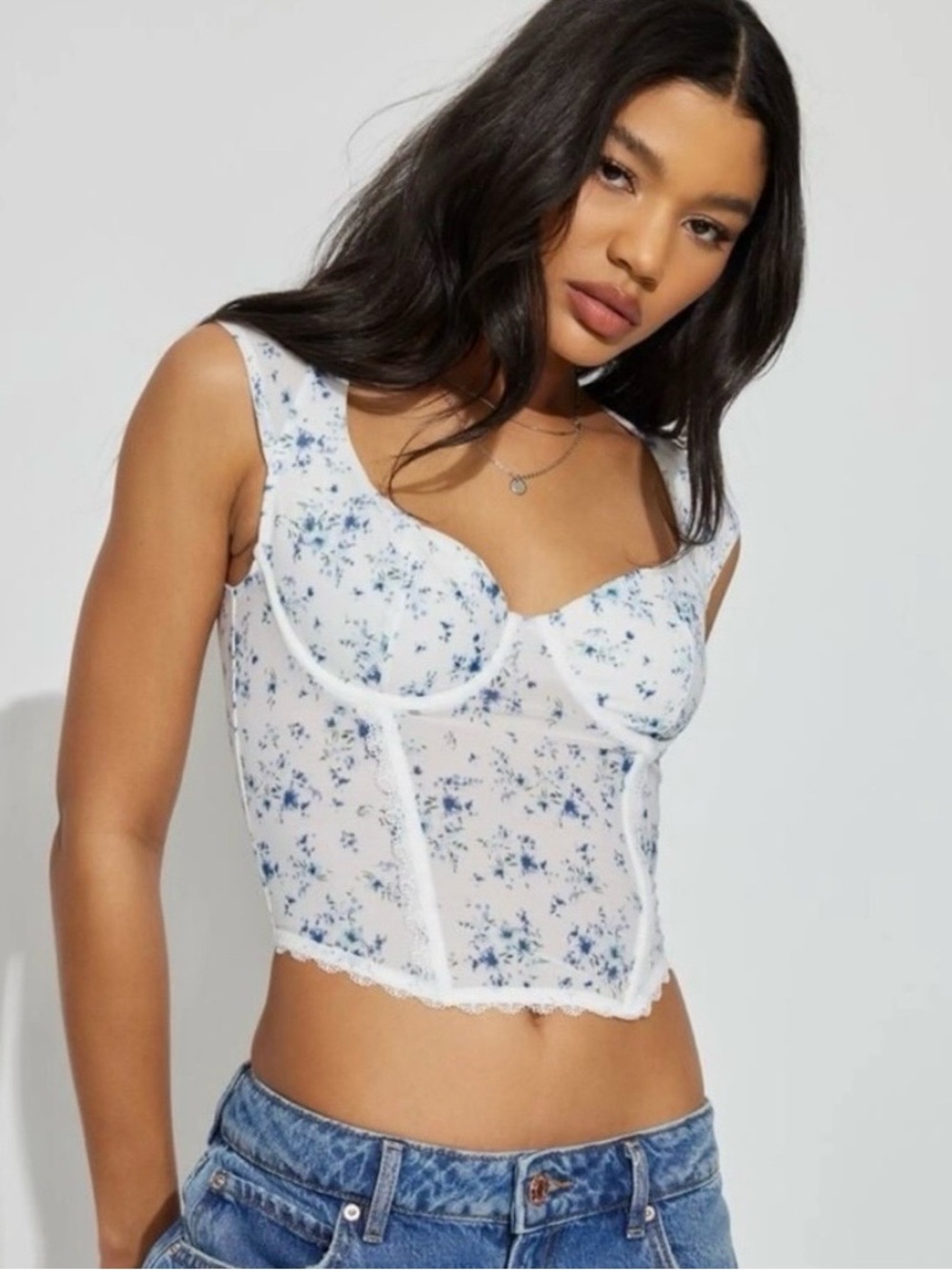 Garage White Crop Top with Blue Floral Print